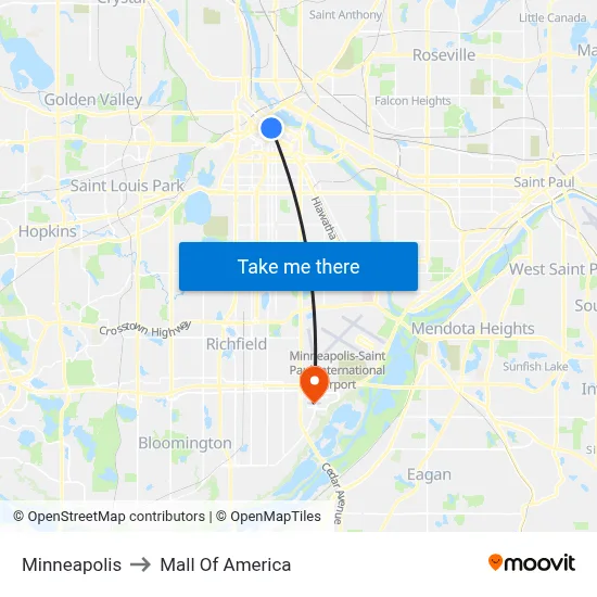 Minneapolis to Mall Of America map