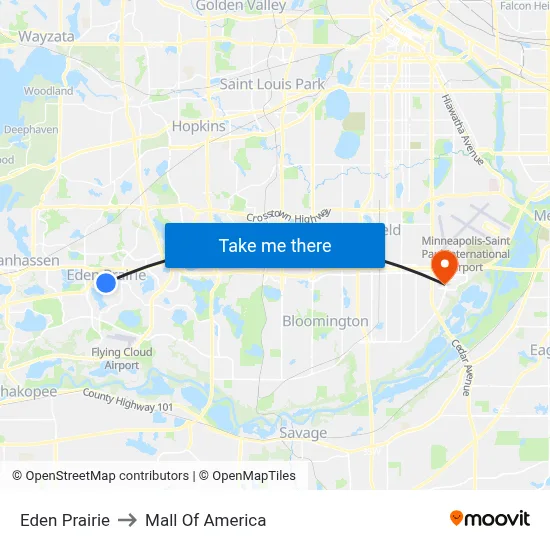 Eden Prairie to Mall Of America map