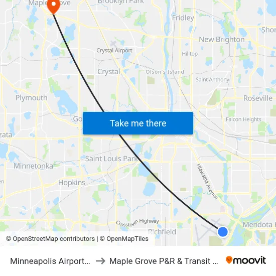 Minneapolis Airport MSP to Maple Grove P&R & Transit Station map