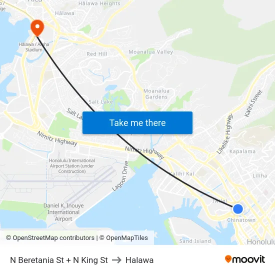 N Beretania St + N King St to Halawa map