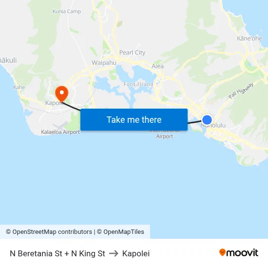 N Beretania St + N King St to Kapolei map