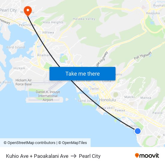 Kuhio Ave + Paoakalani Ave to Pearl City map