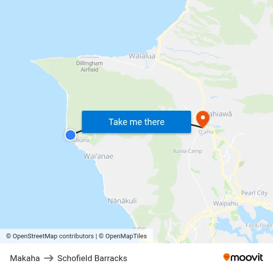Makaha to Schofield Barracks map