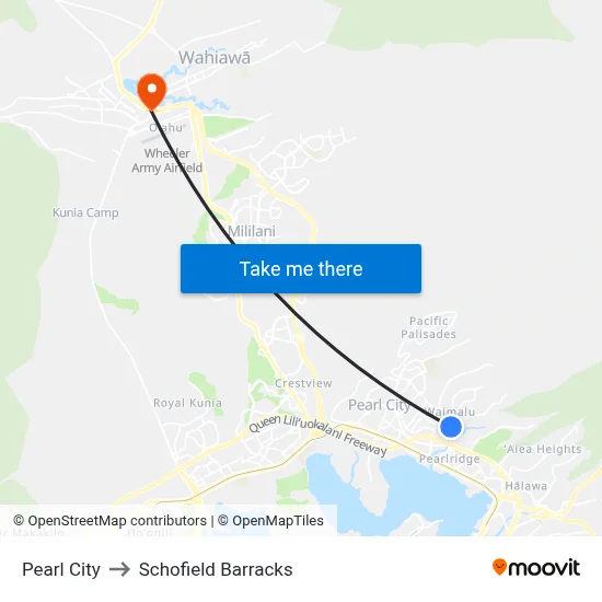 Pearl City to Schofield Barracks map
