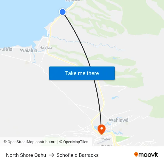 North Shore Oahu to Schofield Barracks map