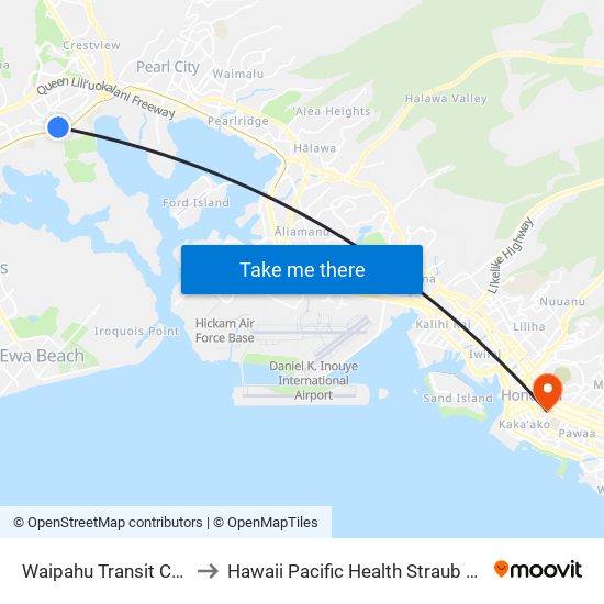 Waipahu Transit Center East to Hawaii Pacific Health Straub Medical Center map