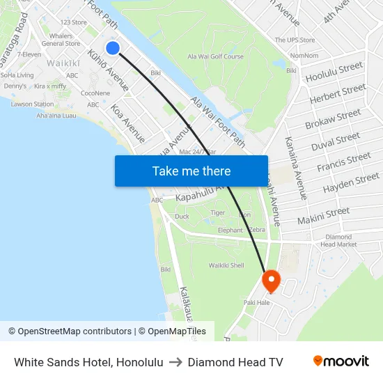 White Sands Hotel, Honolulu to Diamond Head TV map