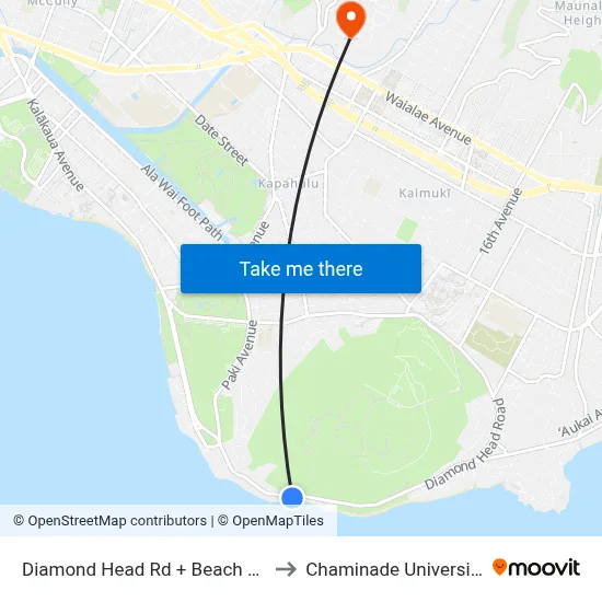 Diamond Head Rd + Beach Rd to Chaminade University map