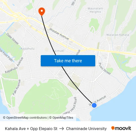Kahala Ave + Opp Elepaio St to Chaminade University map
