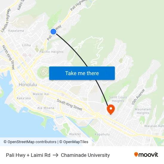 Pali Hwy + Laimi Rd to Chaminade University map