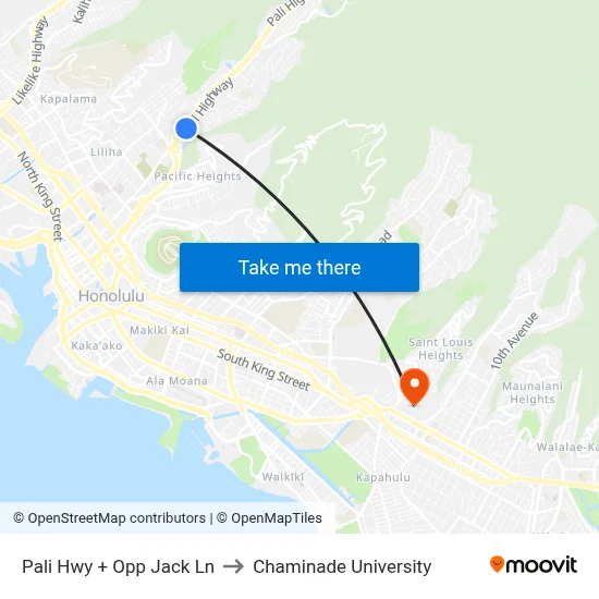 Pali Hwy + Opp Jack Ln to Chaminade University map