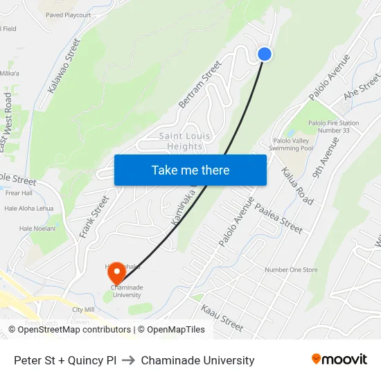 Peter St + Quincy Pl to Chaminade University map