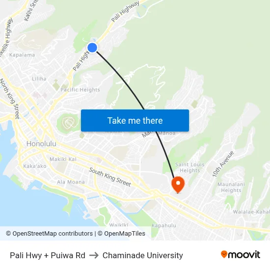 Pali Hwy + Puiwa Rd to Chaminade University map