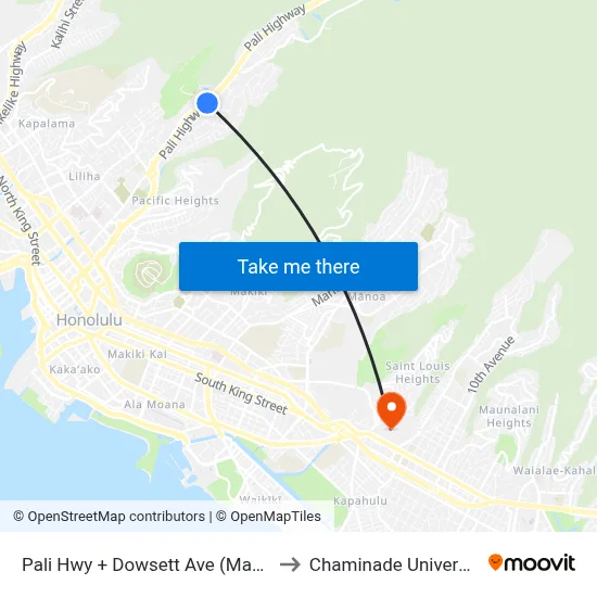 Pali Hwy + Dowsett Ave (Makai) to Chaminade University map