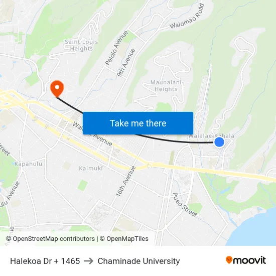 Halekoa Dr + 1465 to Chaminade University map