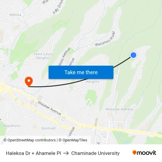 Halekoa Dr + Ahamele Pl to Chaminade University map