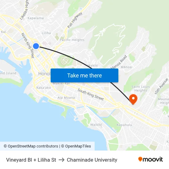 Vineyard Bl + Liliha St to Chaminade University map