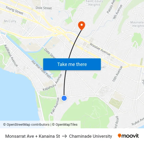 Monsarrat Ave + Kanaina St to Chaminade University map