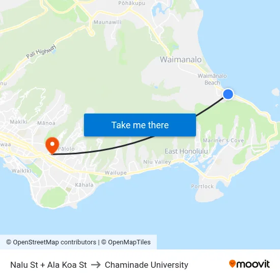 Nalu St + Ala Koa St to Chaminade University map