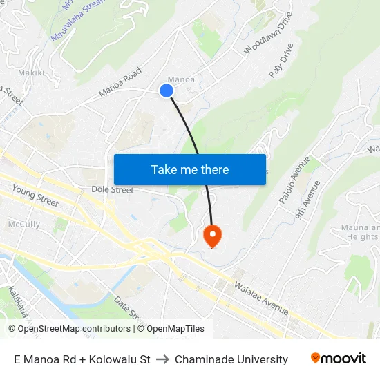 E Manoa Rd + Kolowalu St to Chaminade University map