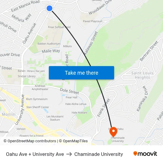 Oahu Ave + University Ave to Chaminade University map