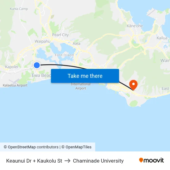 Keaunui Dr + Kaukolu St to Chaminade University map