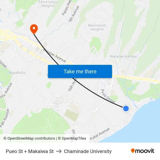 Pueo St + Makaiwa St to Chaminade University map