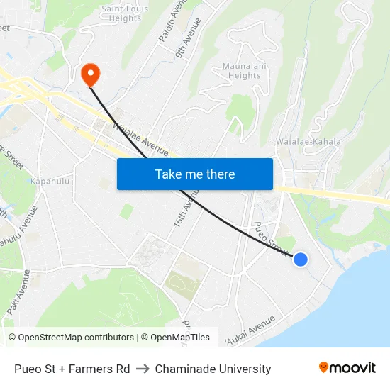 Pueo St + Farmers Rd to Chaminade University map