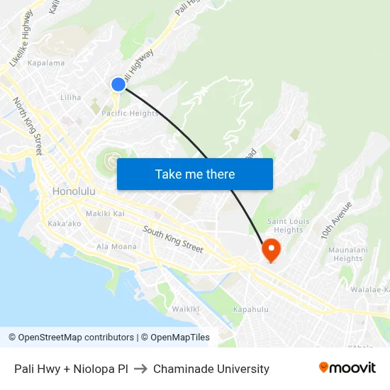 Pali Hwy + Niolopa Pl to Chaminade University map