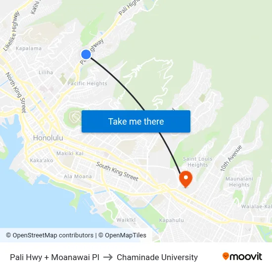 Pali Hwy + Moanawai Pl to Chaminade University map