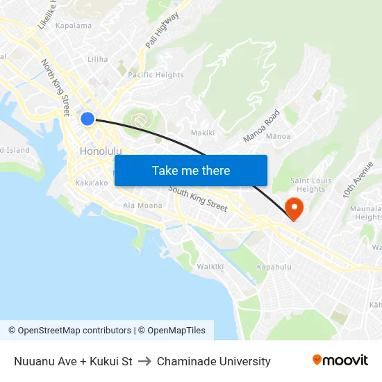 Nuuanu Ave + Kukui St to Chaminade University map