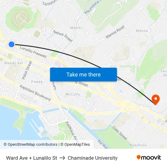 Ward Ave + Lunalilo St to Chaminade University map
