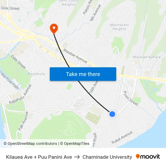 Kilauea Ave + Puu Panini Ave to Chaminade University map