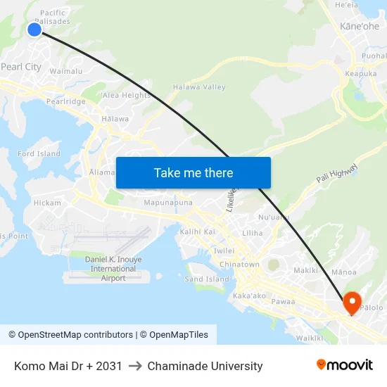 Komo Mai Dr + 2031 to Chaminade University map