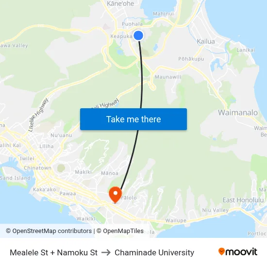 Mealele St + Namoku St to Chaminade University map