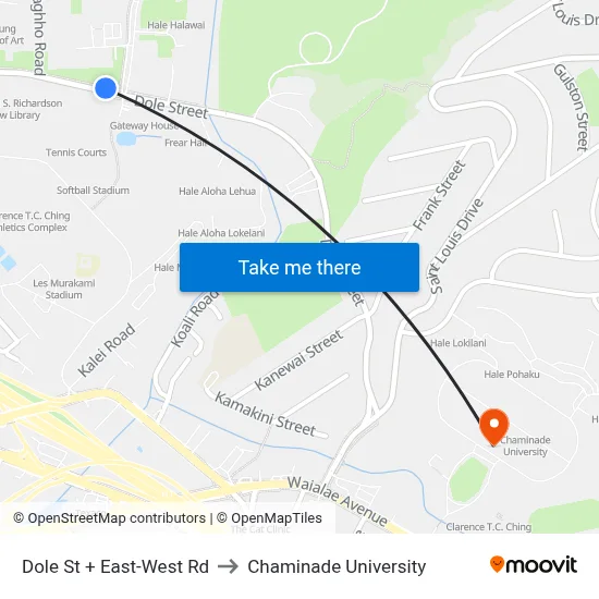 Dole St + East-West Rd to Chaminade University map