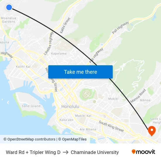 Ward Rd + Tripler Wing D to Chaminade University map