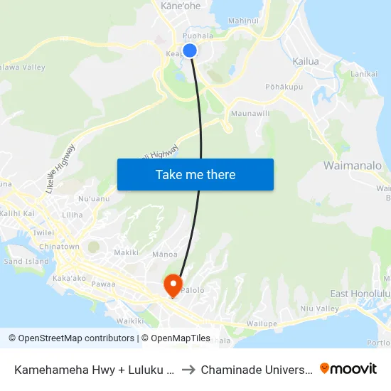 Kamehameha Hwy + Luluku Rd to Chaminade University map