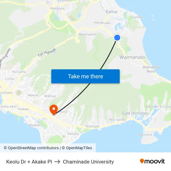 Keolu Dr + Akake Pl to Chaminade University map