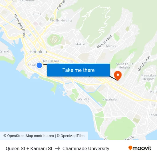 Queen St + Kamani St to Chaminade University map