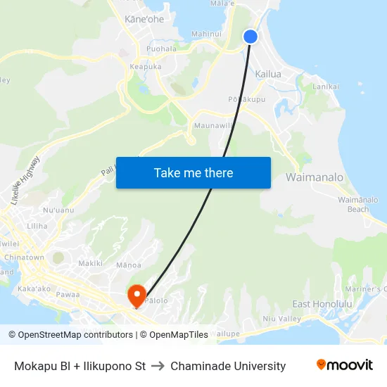 Mokapu Bl + Ilikupono St to Chaminade University map