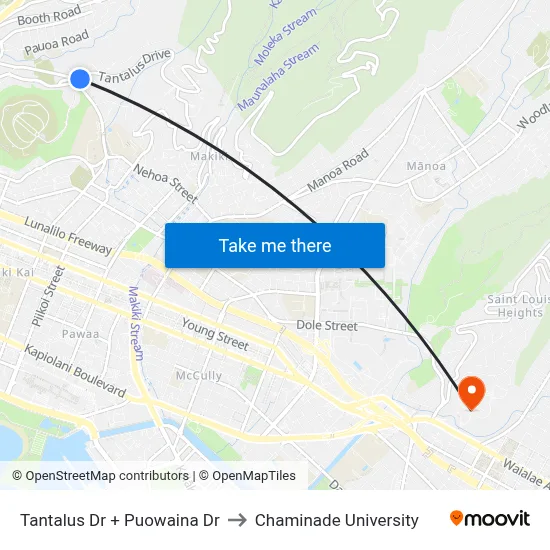 Tantalus Dr + Puowaina Dr to Chaminade University map