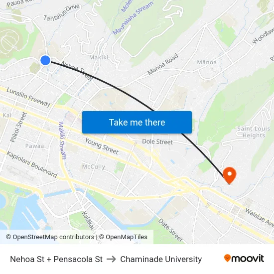 Nehoa St + Pensacola St to Chaminade University map