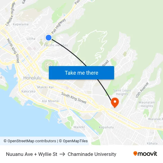 Nuuanu Ave + Wyllie St to Chaminade University map