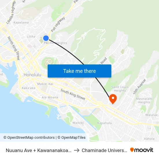 Nuuanu Ave + Kawananakoa Pl to Chaminade University map
