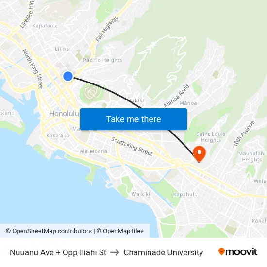 Nuuanu Ave + Opp Iliahi St to Chaminade University map