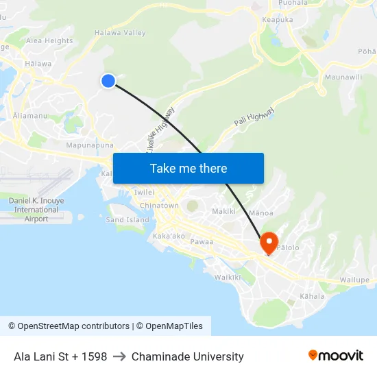 Ala Lani St + 1598 to Chaminade University map