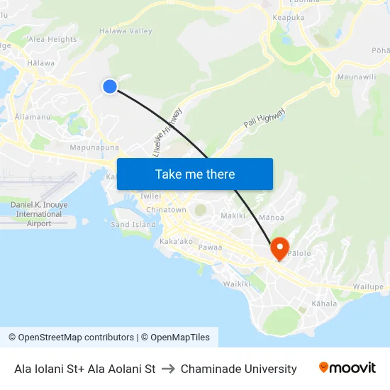 Ala Iolani St+ Ala Aolani St to Chaminade University map