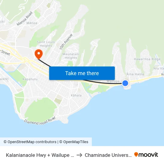 Kalanianaole Hwy + Wailupe Cir to Chaminade University map