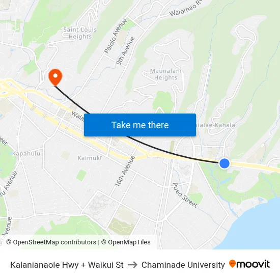 Kalanianaole Hwy + Waikui St to Chaminade University map